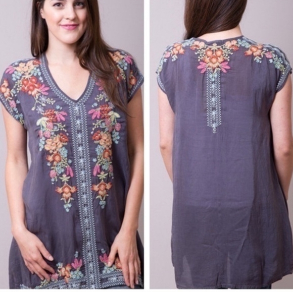 Johnny Was Heidi Tunic in black with multicolor floral embroidery.  - Picture 2 of 9